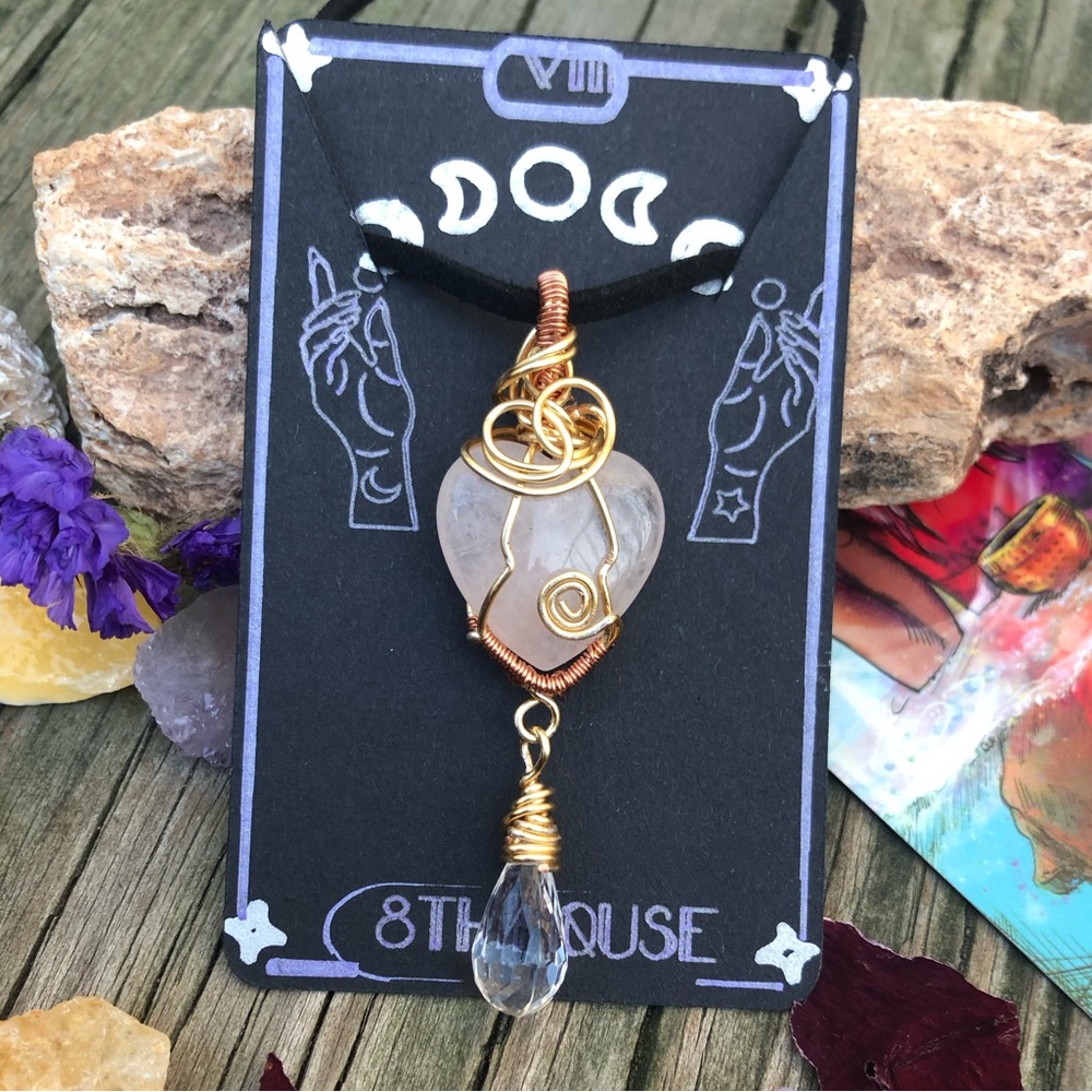 Wire Wrapped Rose Quartz Heart Shaped Dangle Briolette Necklace - Picture 6 of 8